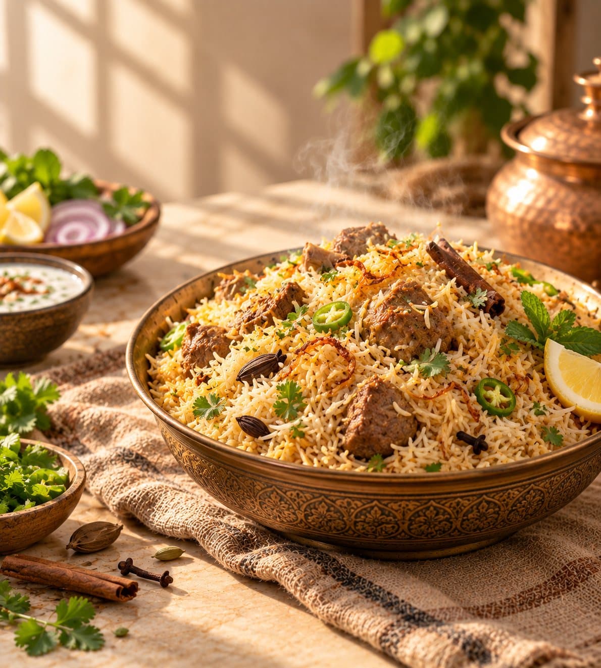 Cooked basmati rice in a stoneware bowl