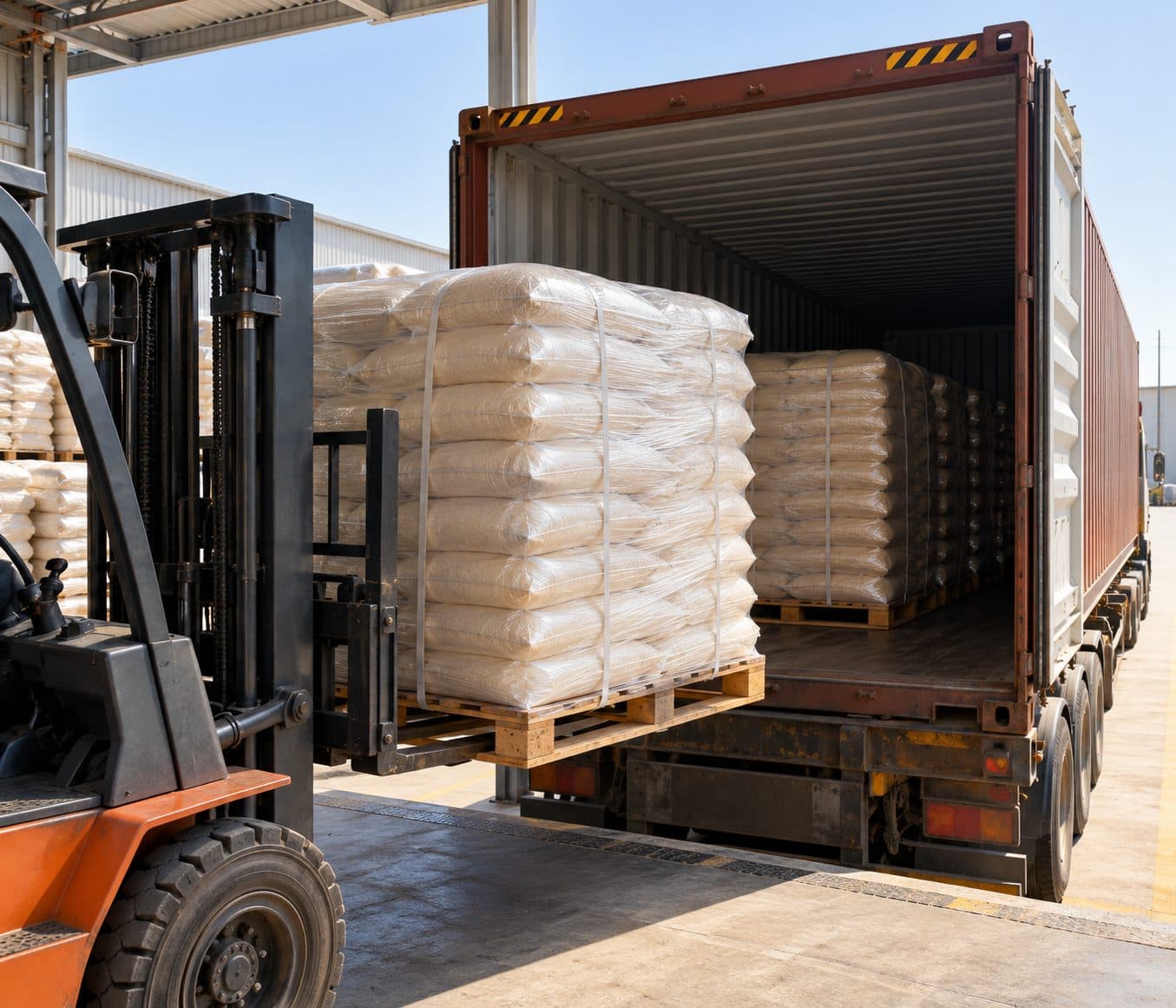 Rice bags being loaded into a shipping container