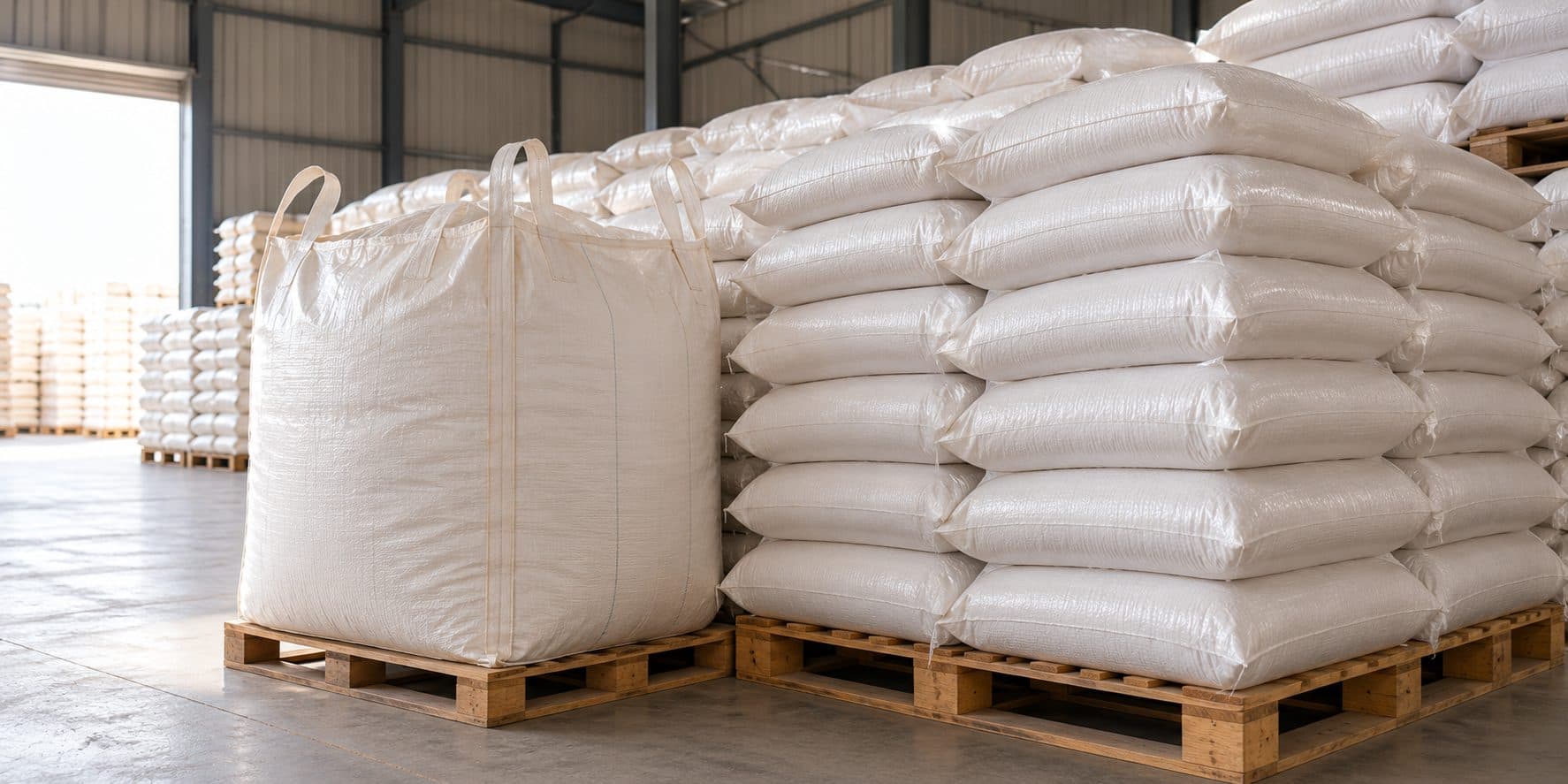 Bulk rice bags stacked in a warehouse